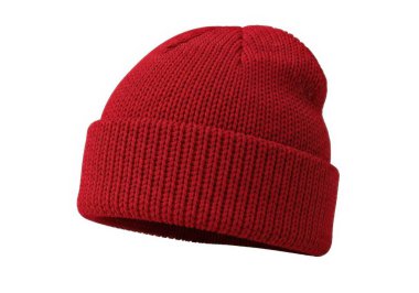 Görüntü tek bir kırmızı örülmüş bereyi gösteriyor. Kaburgalı ve kıvrımlı bir şapka. Şapka yumuşak, sıcak bir maddeden yapılmış gibi görünüyor, soğuk hava için ideal. Kenardan sergileniyor, tasarımı ve yapısı sergileniyor..