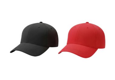 Görüntü arka planda yan yana yerleştirilmiş iki beyzbol şapkasını gösteriyor. Soldaki kapak düz kenarlı ve kıvrımlı vizörlü siyah, sağdaki kapak ise aynı tasarım özellikleriyle kırmızıdır..