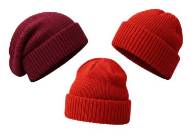 Bu resimde kırmızının değişik tonlarında örülmüş üç bere var. Sol üst berenin kenarları katlanmış koyu bir bordo, sağ beresi düz kenarlı parlak bir kırmızı ve alt beresi de kaburga desenli zengin bir kestane rengi.