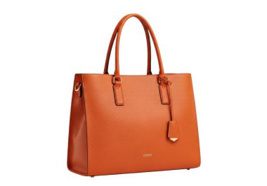 Bu resimde, sıcak turuncu renkli çakıl taşı derisinden yapılmış şık, orta boy bir çanta var. Çantanın uzun ve dayanıklı kulpları ve bir tarafına bağlı küçük bir anahtarlık var. Tasarım, güvenli bir fermuar kapatıcısı içeriyor