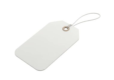 Bu resim, kağıt ya da hafif kartondan yapılmış gibi görünen düz, dikdörtgen bir etiket gösteriyor. Etiket beyaz ve üst merkezde küçük bir delik var. Basit bir sicim döngüsünün bağlı olduğu, laboratuvar için bir nesneye bağlanmasına ya da asılmasına olanak sağlıyor.