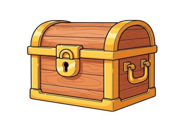 Görüntü, altın pirinç bir kilit ve sapı olan ahşap tahtalardan yapılmış stilize edilmiş, karikatür gibi bir hazine sandığını gösteriyor. Göğsünde hafif yıpranmış bir görünüm var, antika bir görünüm veriyor, ve düz bir arkaplanda yer alıyor. Tasarım basit!
