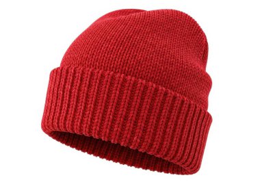 Bu resim, soğuk hava için tasarlanmış sıcak, kırmızı örülmüş bir bere şapkasını gösteriyor. Şapkanın üst kısmında kabarık bir manşet ve kulakları korumak için katlanmış bir kenarı var. Örgü yoğun ve yumuşak bir germeden yapılmış gibi görünüyor.