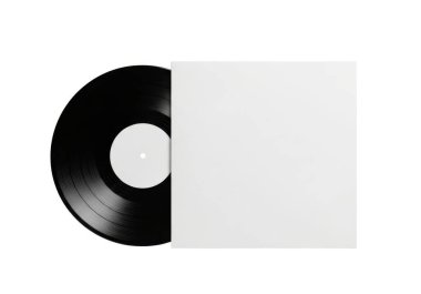 Görüntü, sol tarafı siyah, sağ tarafı beyaz olmak üzere iki ayrı yarıya bölünmüş vinil plağı tasvir ediyor. Plağın merkezi bir deliği ve bir etiket alanı var, geleneksel siyah vinil ile boş vinil arasındaki zıtlığı vurguluyor.