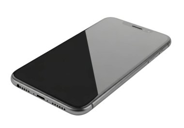 Görüntü, siyah ekran ve parlak metalik gümüş çerçeveli modern bir akıllı telefon sergiliyor. Cihaz, tasarımını ön plana çıkarmak için bir açıyla konumlandırılmış. Temiz kenarları ve minimalist estetiği gösteriyor. Ekran kapatıldı, vurgula