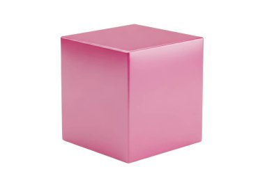 Görüntü, pürüzsüz, mat yüzeyli ve üç boyutlu formunu gösteren ince gölgelendirmeli tek bir katı pembe küp gösteriyor. Küp, nötr beyaz bir zemin üzerine kurulmuş, herhangi bir doku ya da ek özellik olmadan tek renk gibi görünüyor.