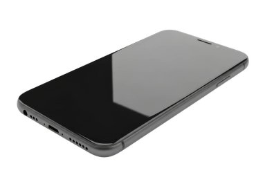 Görüntü, dikey olarak siyah bir bezel ve parlak bir ekranla yerleştirilmiş bir akıllı telefonu gösteriyor. Cihaz, minimalist ve modern tasarımını sergileyerek kapatılmış gibi görünüyor. Kenarları pürüzsüz ve genel yapısı mükemmel görünüyor..