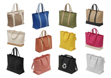 Bu resim, her biri eşsiz renkler, desenler ve tasarımlardan oluşan on iki çantadan oluşan çeşitli bir koleksiyon sergiliyor. Çantalar, branda, dokuma dokuma dokusu ve katı renkler de dahil olmak üzere boyut, malzeme ve stil olarak farklılık gösterir. Hepsinin sapı sağlamdır.