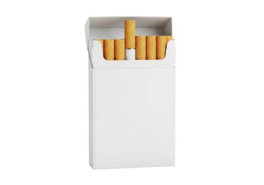 Görüntü, içinde beş satırlık iki paralel satırda sıralanmış on sigara bulunan beyaz bir karton kutuyu gösteriyor. Sigaraların bir ucunda filtre, diğer ucunda da aydınlatma ucu olan standart silindirik bir şekli var. Görünürde bir şey yok, ambalaj minimalistik.