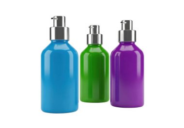 Görüntü farklı renklerde üç silindirik sprey şişesini gösteriyor: solda parlak bir mavi, ortada canlı bir yeşil ve sağda zengin bir mor. Her şişenin üstünde gümüş bir pompa kutusu var ve parlak, plastik bir şeyden yapılmış gibi görünüyor.