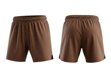 Görüntü, yumuşak bir kumaştan yapılmış elastik bir bel bandından yapılmış kahverengi bir şortu gösteriyor. Şortlar hem önden hem de arkadan gösteriliyor, cebi olmayan basit bir tasarım sergileniyor. Malzeme hafif ve cas için uygun görünüyor