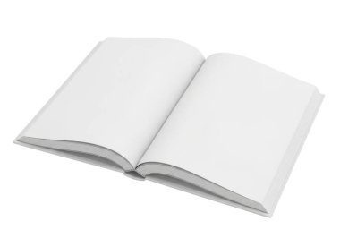 Görüntü düz bir yüzey üzerinde duran açık bir kitap tasvir eder, aralarında görünen bir omurga ile iki boş beyaz sayfa sergiler. Kitap pürüzsüz, muhtemelen kağıt ya da ince bir karton malzemeden yapılmış gibi görünüyor ve herhangi bir metin ya da işaretten yoksun, şekerim.