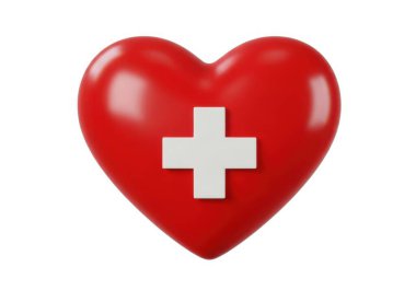 Görüntü, merkezinde beyaz bir haç bulunan ve sıhhiye ve sağlık hizmetleriyle ilişkilendirilen üç boyutlu kırmızı kalp şeklini gösteriyor. Kalp şekli aşkı, özeni ve merhameti temsil ederken, haç ilaç için evrensel bir semboldür.