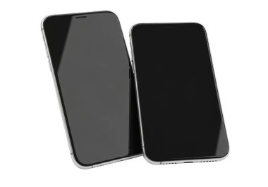 Görüntü, yan yana yerleştirilmiş iki çağdaş akıllı telefonu gösteriyor. Her iki cihazın da minimalist bir tasarımı var. Siyah bezelleri ve yansıtıcı, parlak ekranları var. Telefonlar kapalıymış gibi görünüyor, parlak ve cilalı dış görünüşlerini sergiliyorlar. Des