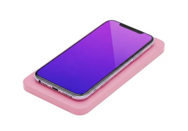 Görüntü, parlak, pembe renkli bir standın üzerine yerleştirilmiş modern bir akıllı telefonu gösteriyor. Telefon ekranı parlak mor bir gradyanla aydınlatılıyor, temiz ve minimalist bir tasarım sergiliyor. Duruş yumuşak, muhtemelen silikon bir maddeden yapılmış gibi görünüyor.