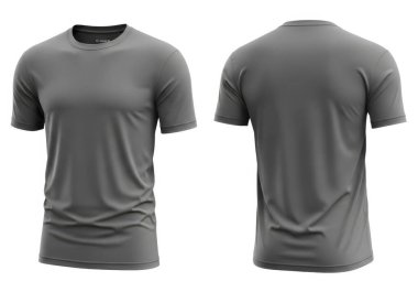 Görüntü, hem önden hem de arkadan gösterilen düz gri kısa kollu bir tişörtü gösteriyor. Kumaş hafif ve muhtemelen nemlendirici bir maddeye benziyor. Günlük kıyafetlere ve atletik aktivitelere uygun. Tişörtte s var.