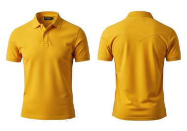 Görüntü, kısa kollu ve klasik yakalı parlak sarı bir polo gömlek sergiliyor. Gömleğin yakasında düğme plaketi ve düzgün bir kesiği var. Kumaş hafif görünüyor, gündelik kıyafet ya da spor için uygun.