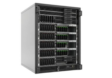 Resim birden fazla bıçak sunucusu içeren yüksek kapasiteli bir sunucu rafını gösteriyor. Bu sunucular yoğun bir şekilde tıklım tıklım dolu, birden fazla taraftar ve aktif faaliyet gösteren durum ışıklarıyla dolu. Askı yüksek performanslı c için tasarlanmış gibi görünüyor.