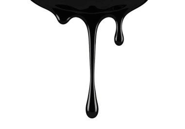 Görüntü, yoğun, siyah yapışkan bir sıvının görünmeyen bir kaynaktan aşağıya doğru akışını gösteriyor. Sıvı yavaş hareket ediyor gibi görünüyor, akıntının sonunda belirgin bir damlacık oluşturuyor, düz beyaz karşısında çarpıcı bir kontrast oluşturuyor.