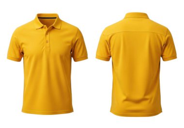 Görüntü, kısa kollu, parlak sarı bir polo gömlek ve klasik tasarımı gösteriyor. Ön görünüm düğmeli plaket ve kumaş dokusunu ön plana çıkarırken, arka görünüm daha fazla detay olmadan pürüzsüz ve arkaya monte edilmiş bir görüntü ortaya koyuyor. Materyal.