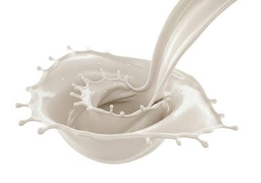 Bu resim bir bardağa dökülen pürüzsüz bir süt akışını gösteriyor, dinamik ve görsel olarak çekici bir girdap şekli oluşturuyor. Süt kaymak gibi ve beyaz görünür, yumuşak dokusunu ve akışkanlığını vurgulayarak aşağıdaki damara akar..