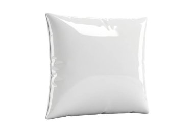 Bu resim parlak beyaz renkte, pürüzsüz desenli kare bir yastık gösteriyor. Yastık yumuşak, muhtemelen sentetik ya da mikrofiber bir maddeden yapılmış gibi görünüyor, ve düz beyaz bir arkaplanda sergileniyor, şeklini vurguluyor