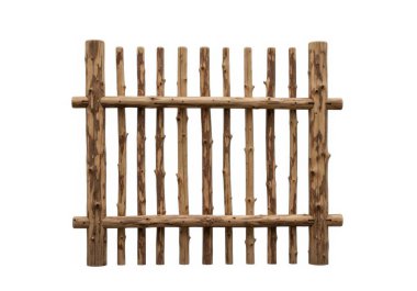 Görüntü, doğal sicimle birbirine bağlanmış yatay sıralanmış dalların yer aldığı rustik ahşap bir çit panelini gösteriyor. Ahşap eskimiş, eskimiş bir görünüm sergiliyor. Kahverengi ve gri tonların karışımı ona kırsal ve klasik bir estetik veriyor. Pencere.