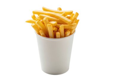 Görüntü, beyaz, tek kullanımlık bir kağıt bardağın içinde özenle yerleştirilmiş gevrek, altın sarısı patates kızartmasının cömert bir kısmını gösteriyor. Patatesler yeni pişmiş gibi görünüyor ve birbirlerini hafifçe örtüyorlar, bu da iştah açıcı bir görsel yaratıyor..