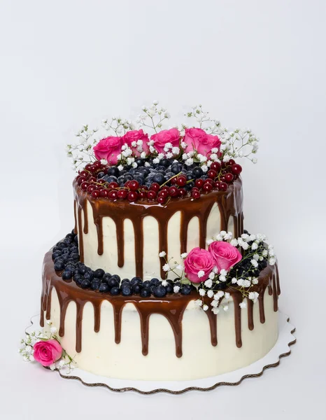 Pastel de boda de goteo de dos capas de color con arándanos, grosella roja —  Fotos de Stock