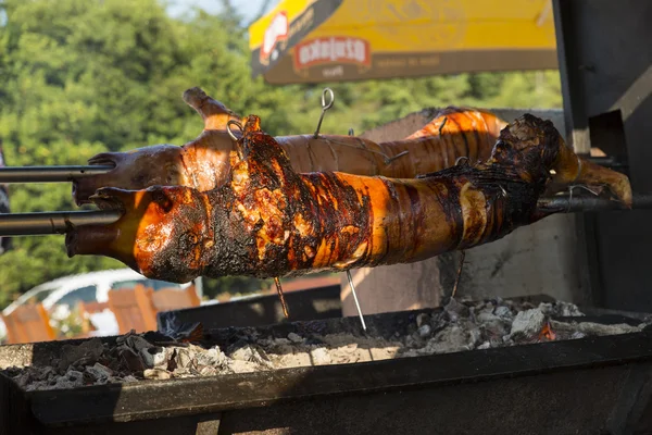 Rotisserie com carne de porco pequena cozida na grelha — Fotografia de Stock