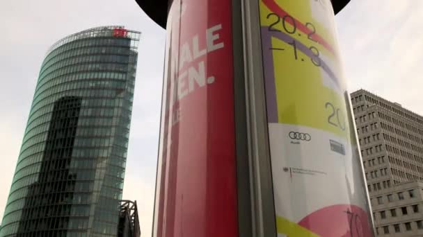 Revolving Advertising Sign Potsdamer Platz Deutsche Bahn Overcast Winter Day — Stock Video