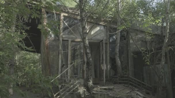 Clip Estático Entrada Frontal Cafetería Abandonada Pripyat Chernobyl — Vídeos de Stock