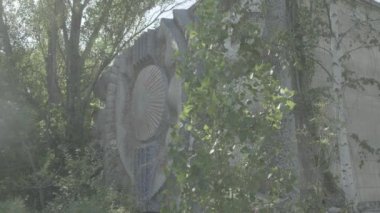 Static shot of mosaic on the wall of derelict Prometey cinema in Pripyat, Chernobyl. Ungraded Log Footage