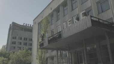 Static clip of the derelict  Hotel Polissya in Pripyat, Chernobyl. Ungraded Log Footage