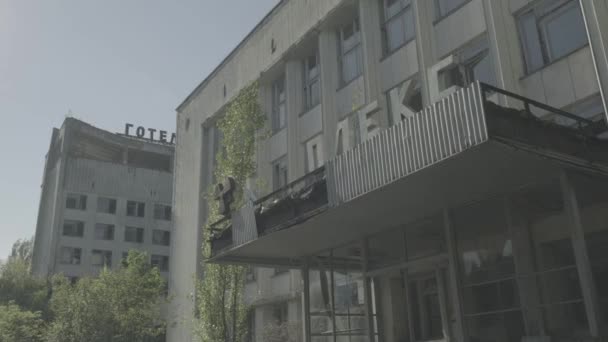 Statische Aufnahme Des Verfallenen Hotels Polissya Pripjat Tschernobyl Ungraded Log — Stockvideo