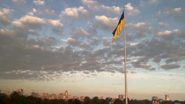 Énorme Drapeau Ukrainien Flottant Dessus Kiev Lors Une Belle Aube — Video