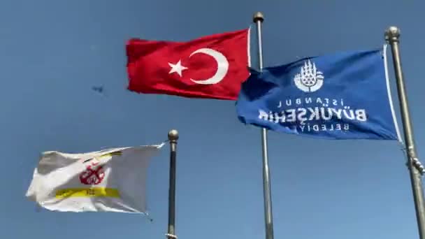 Turkish Flag Flies Two Others Eminonu Istanbul Blustery Day — Stock Video