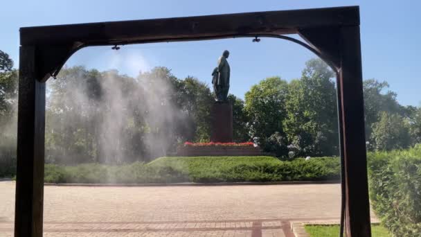Schewtschenko Statue Schewtschenko Park Eingerahmt Von Wassernebelkühler Einem Warmen Herbsttag — Stockvideo
