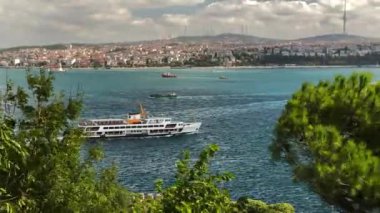 İstanbul 'da rüzgar tarafından çerçevelenen feribot, bir sonbahar günü ağaçları süpürdü
