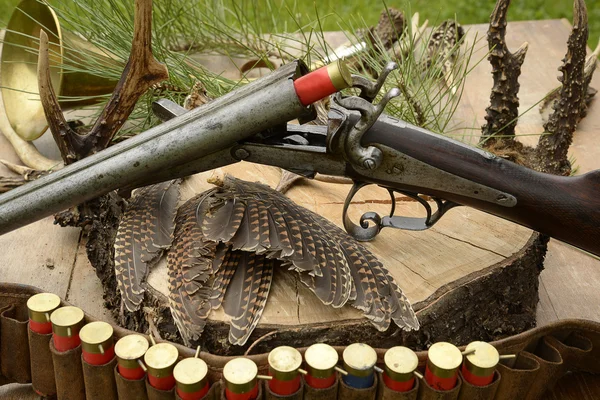 Pistola de caza, cinturón de cartuchos de caza y plumas de perdiz — Foto de Stock
