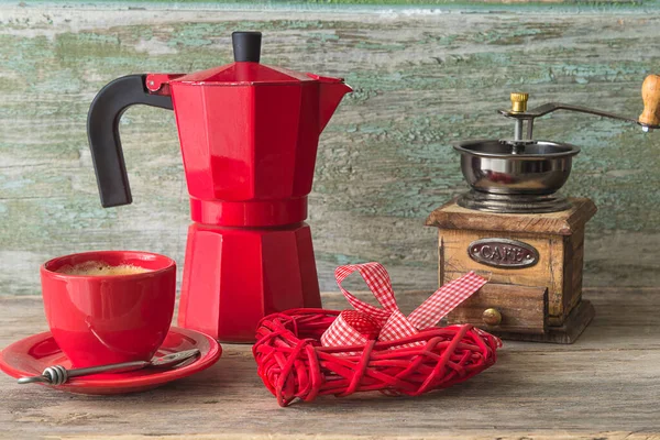 Pausa Para Café Estilo Retro Cafetera Roja Taza Café —  Fotos de Stock