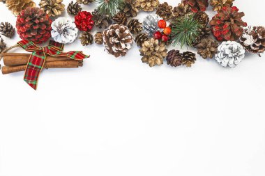 Noel tebrik kartı. Çeşitli kozalaklı üçkağıdın çerçevesi