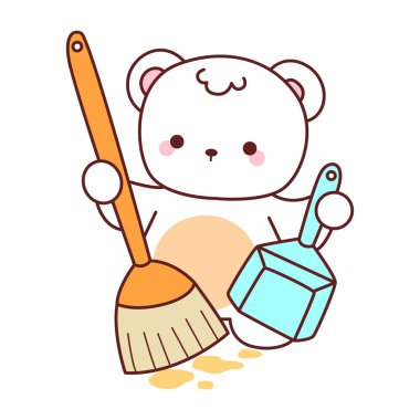 Tatlı ayı kış ikonunun resmi. Ayı kışı bir süpürge ve toz bezi getir.