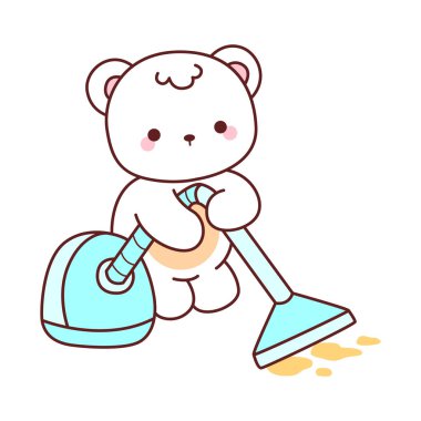 Tatlı ayı kış ikonunun resmi. Ayı kışı elektrikli süpürgeyle yerleri temizler.