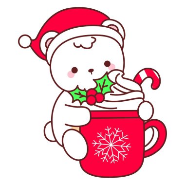Noel temalı şirin ayı kış ikonu tasviri. Sıcak çikolata ile ayı kışı