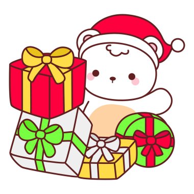 Noel temalı şirin ayı kış ikonu tasviri. Bir sürü hediye kutusuyla birlikte ayı kışı