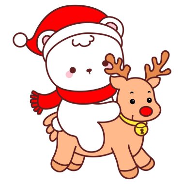 Noel temalı şirin ayı kış ikonu tasviri. Ren geyiğine binen ayı kışı