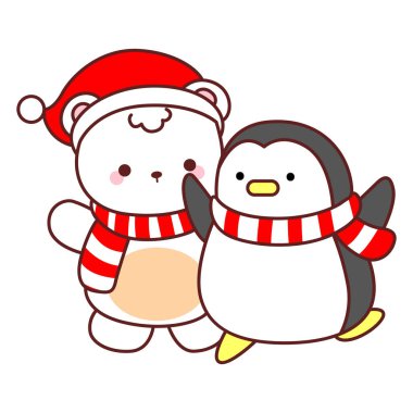 Noel temalı şirin ayı kış ikonu tasviri. Penguenle ayı kışı