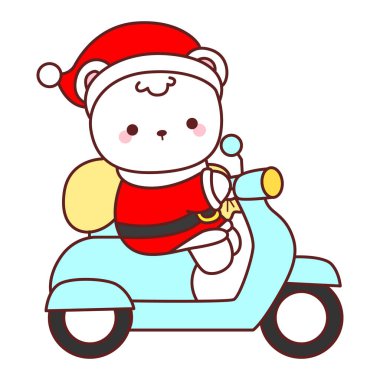 Noel temalı şirin ayı kış ikonu tasviri. Ayı kışı scooterla
