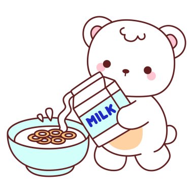 Tatlı ayı kış ikonunun resmi. Ayı kışı mısır gevreği kasesine süt döker